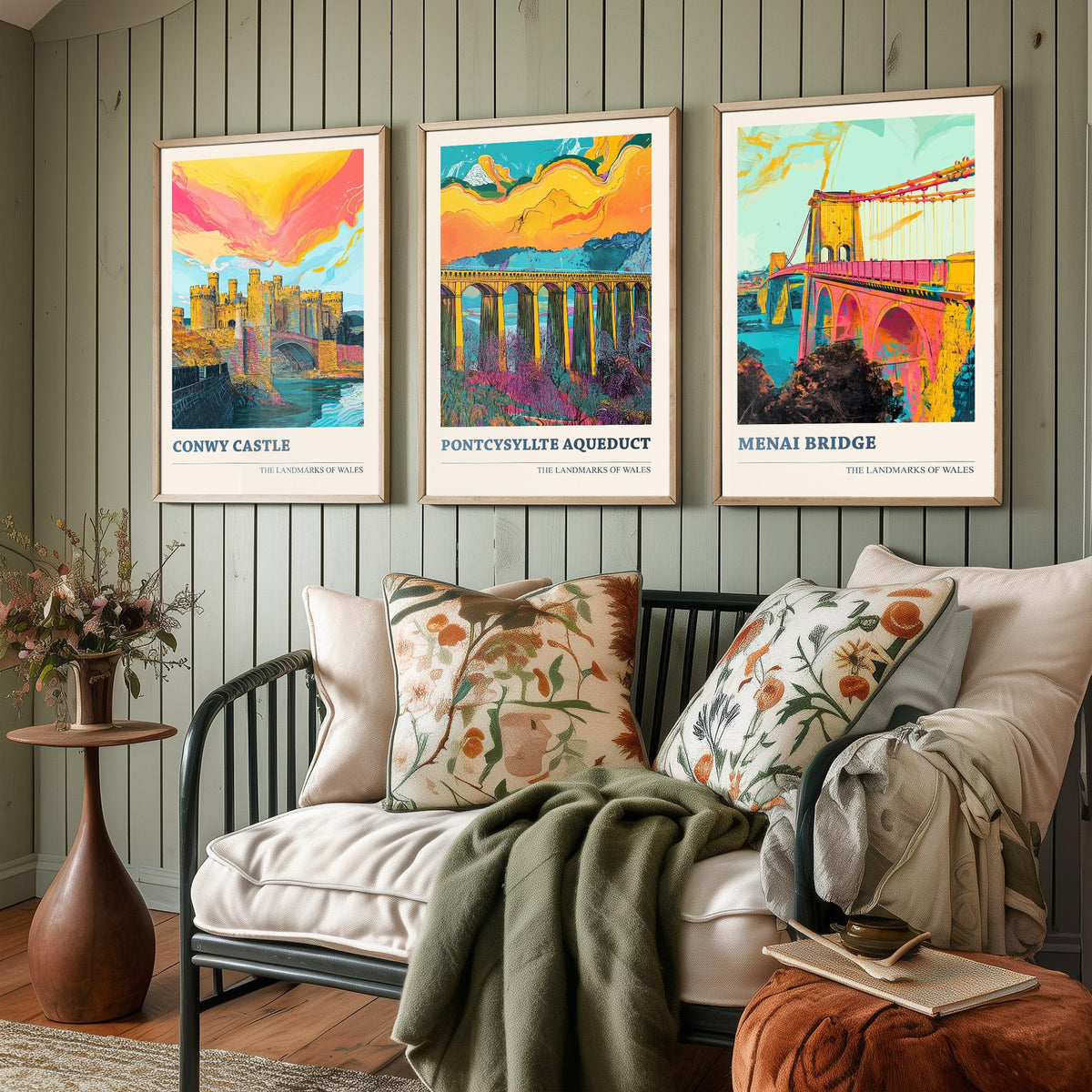 Landmarks of Wales Set of Three Prints - Conwy Castle Pontcysyllte Menai Bridge - 3 Vibrant Welsh Posters Wall Art Gift Illustration