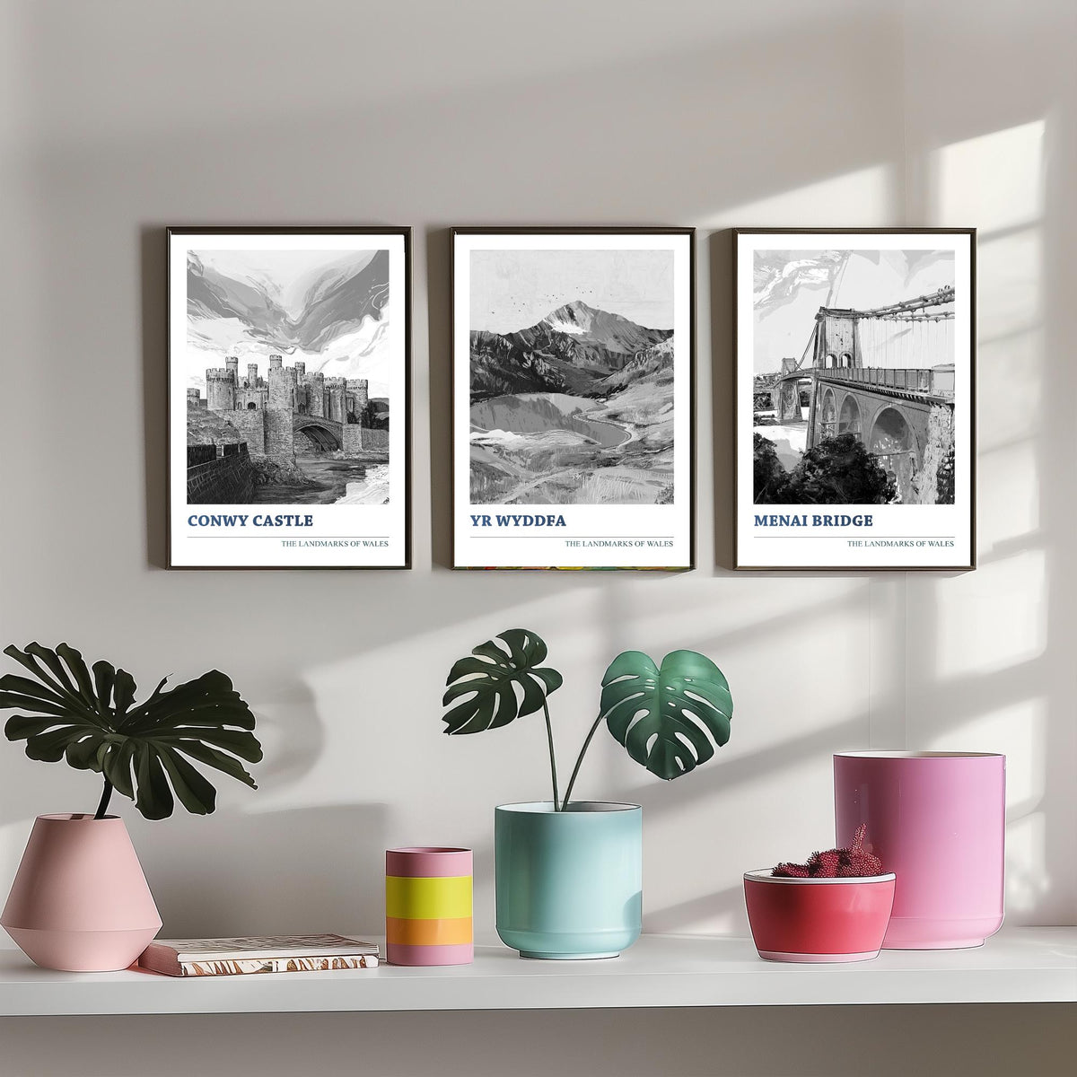 Landmarks of Wales Set of Three Prints - Conwy Castle Yr Wyddfa Menai Bridge - 3 Black and White Posters Welsh Wall Art Gift Illustration