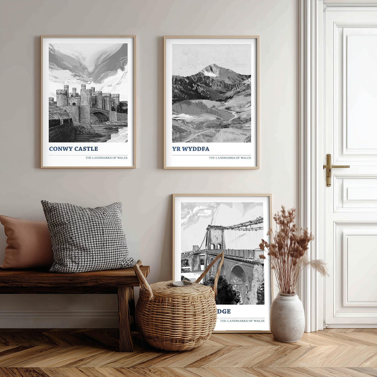 Landmarks of Wales Set of Three Prints - Conwy Castle Yr Wyddfa Menai Bridge - 3 Black and White Posters Welsh Wall Art Gift Illustration