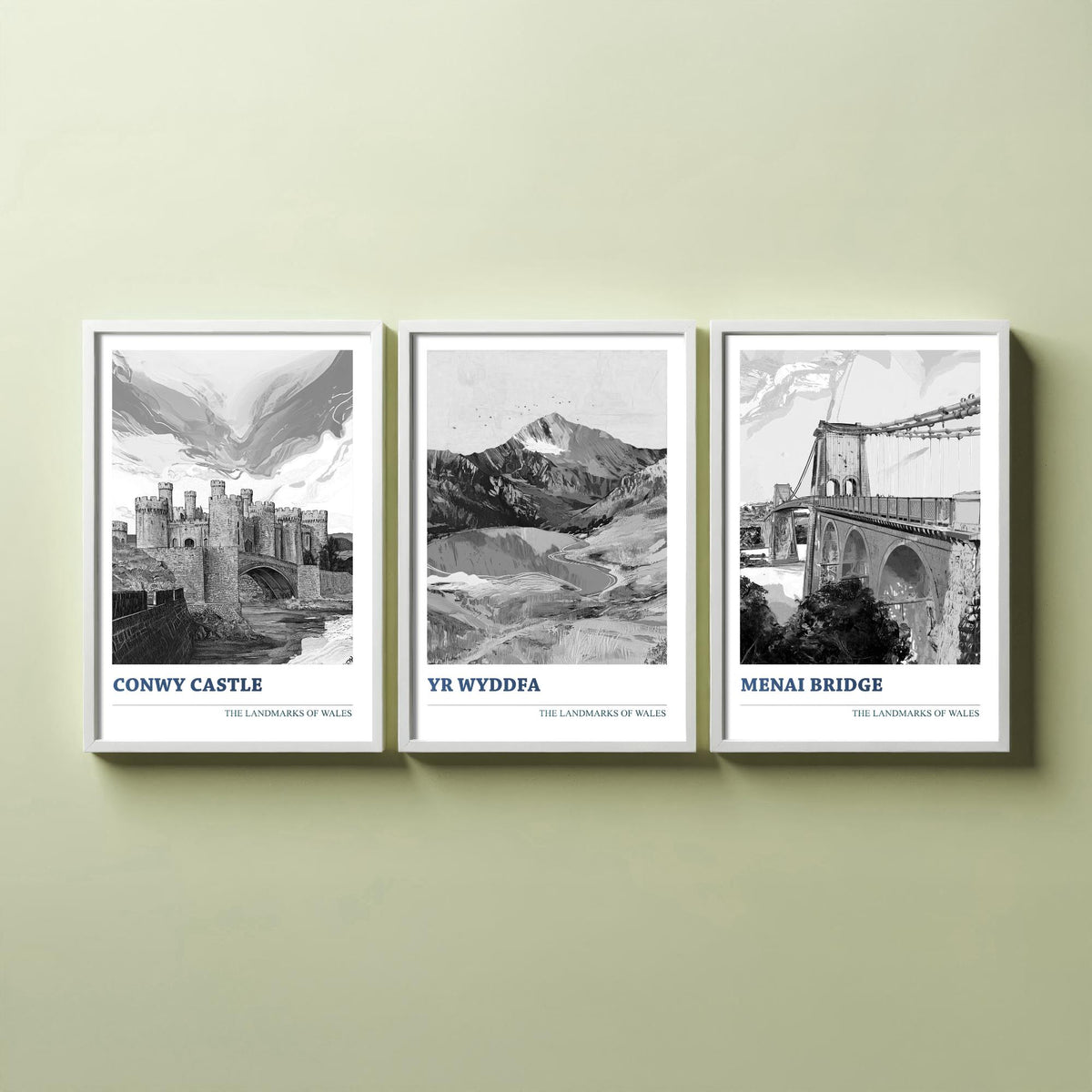 Landmarks of Wales Set of Three Prints - Conwy Castle Yr Wyddfa Menai Bridge - 3 Black and White Posters Welsh Wall Art Gift Illustration