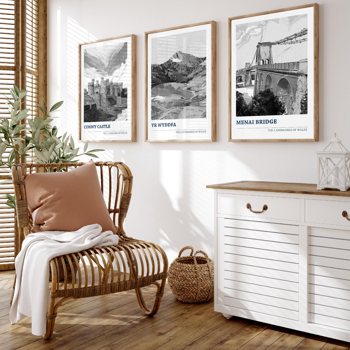 Landmarks of Wales Set of Three Prints - Conwy Castle Yr Wyddfa Menai Bridge - 3 Black and White Posters Welsh Wall Art Gift Illustration