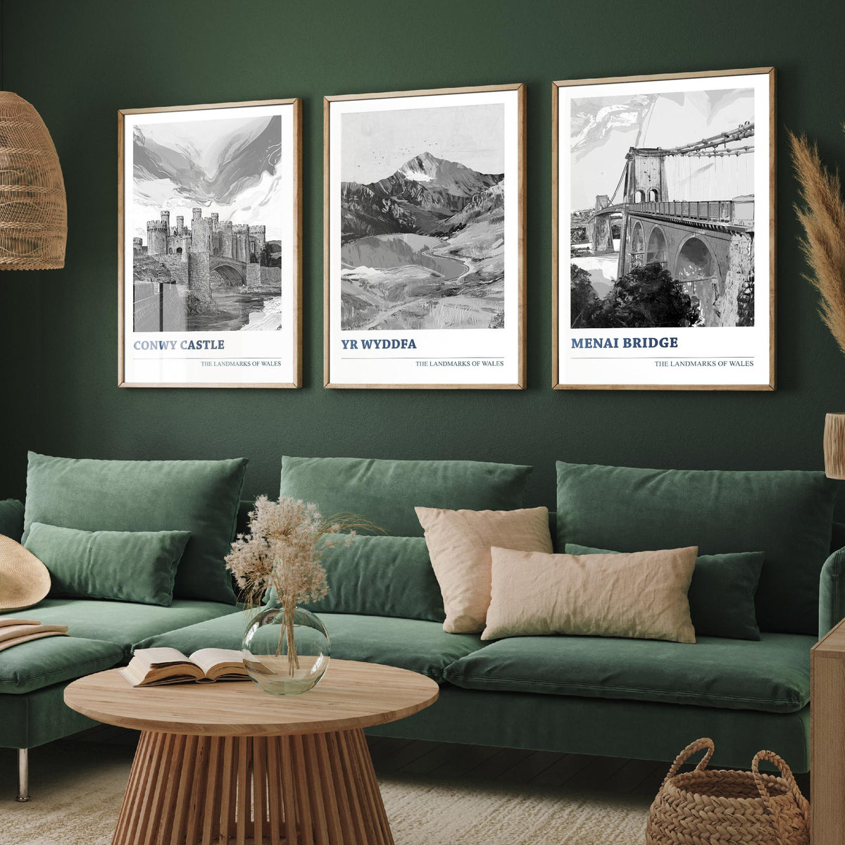 Landmarks of Wales Set of Three Prints - Conwy Castle Yr Wyddfa Menai Bridge - 3 Black and White Posters Welsh Wall Art Gift Illustration
