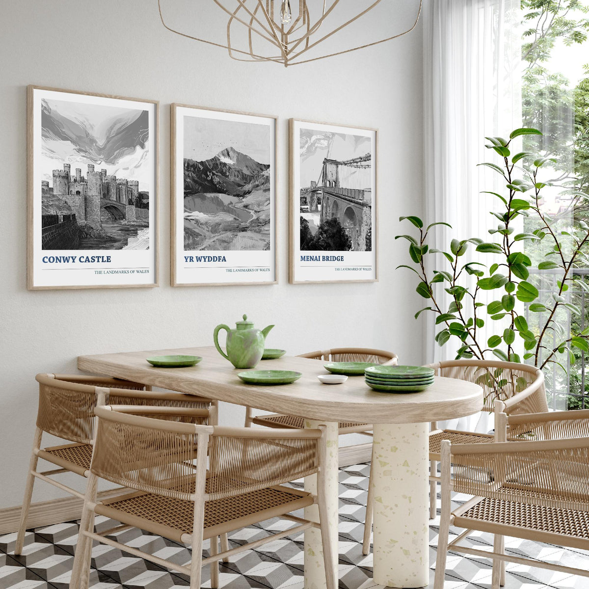 Landmarks of Wales Set of Three Prints - Conwy Castle Yr Wyddfa Menai Bridge - 3 Black and White Posters Welsh Wall Art Gift Illustration