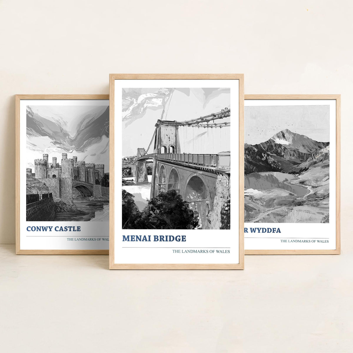 Landmarks of Wales Set of Three Prints - Conwy Castle Yr Wyddfa Menai Bridge - 3 Black and White Posters Welsh Wall Art Gift Illustration