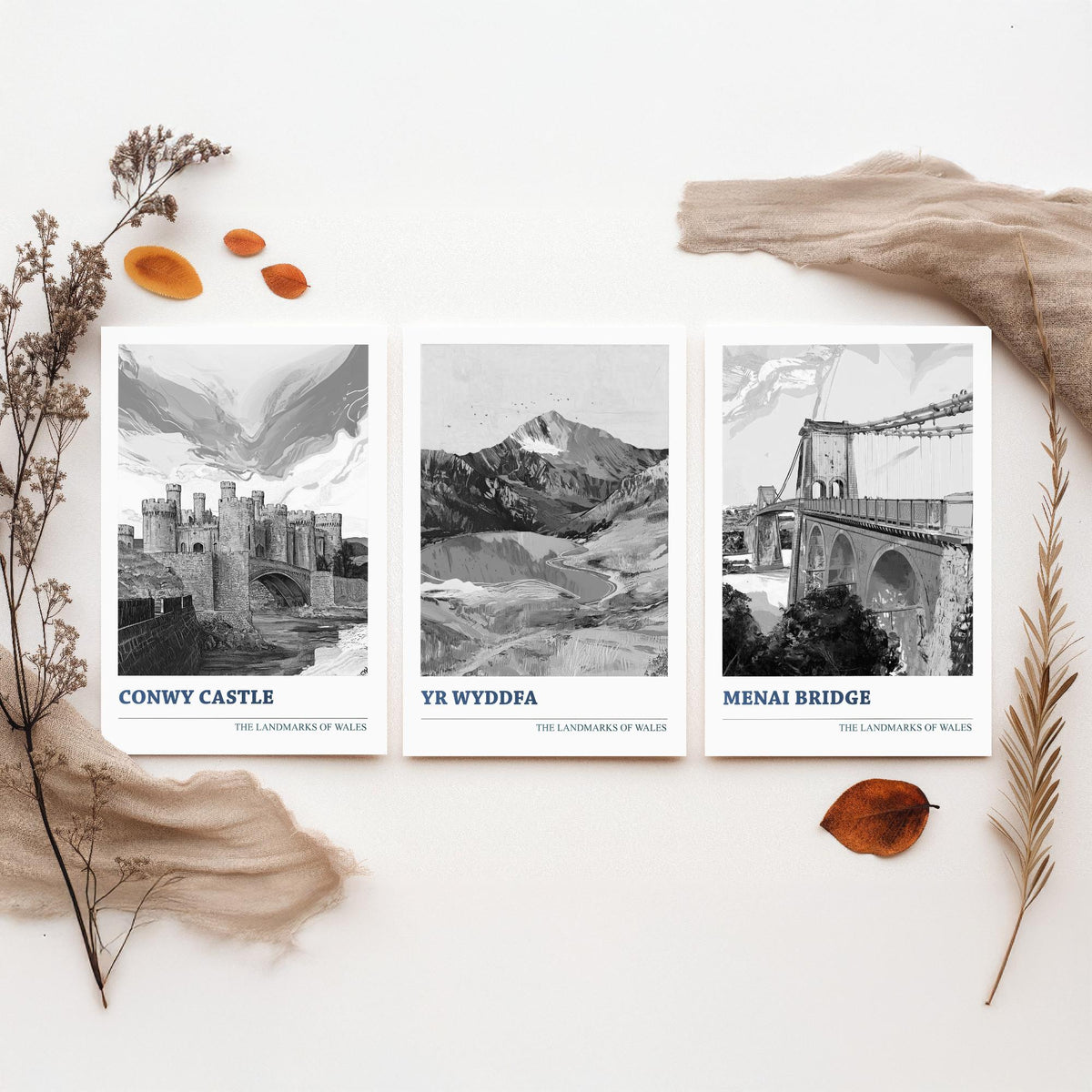 Landmarks of Wales Set of Three Prints - Conwy Castle Yr Wyddfa Menai Bridge - 3 Black and White Posters Welsh Wall Art Gift Illustration