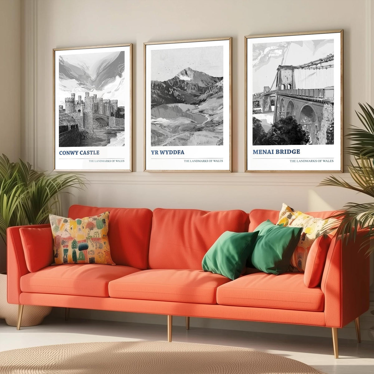 Landmarks of Wales Set of Three Prints - Conwy Castle Yr Wyddfa Menai Bridge - 3 Black and White Posters Welsh Wall Art Gift Illustration
