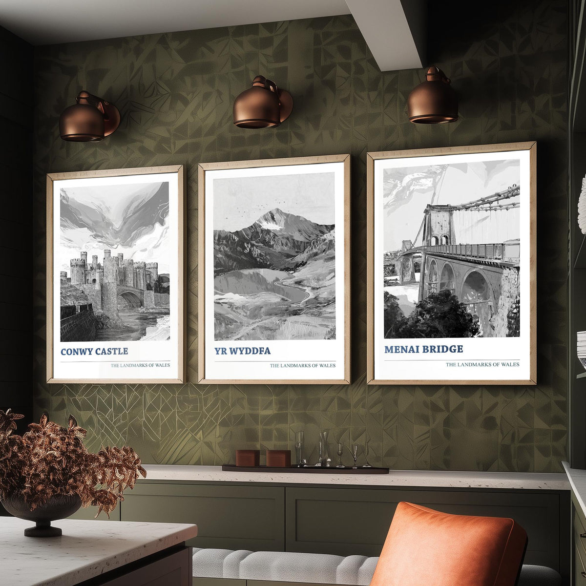 Landmarks of Wales Set of Three Prints - Conwy Castle Yr Wyddfa Menai Bridge - 3 Black and White Posters Welsh Wall Art Gift Illustration