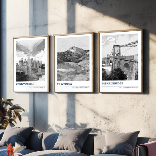 Landmarks of Wales Set of Three Prints - Conwy Castle Yr Wyddfa Menai Bridge - 3 Black and White Posters Welsh Wall Art Gift Illustration