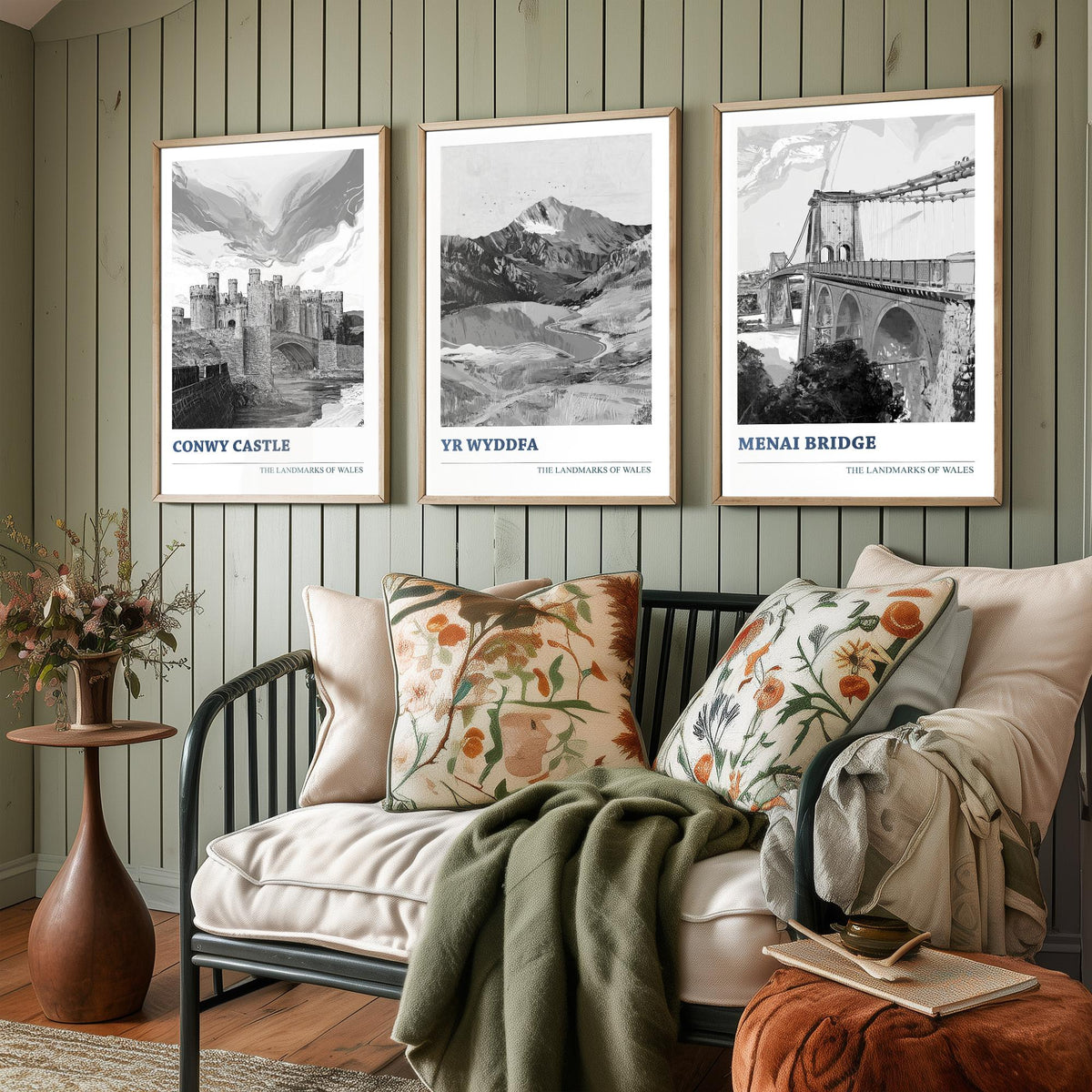 Landmarks of Wales Set of Three Prints - Conwy Castle Yr Wyddfa Menai Bridge - 3 Black and White Posters Welsh Wall Art Gift Illustration