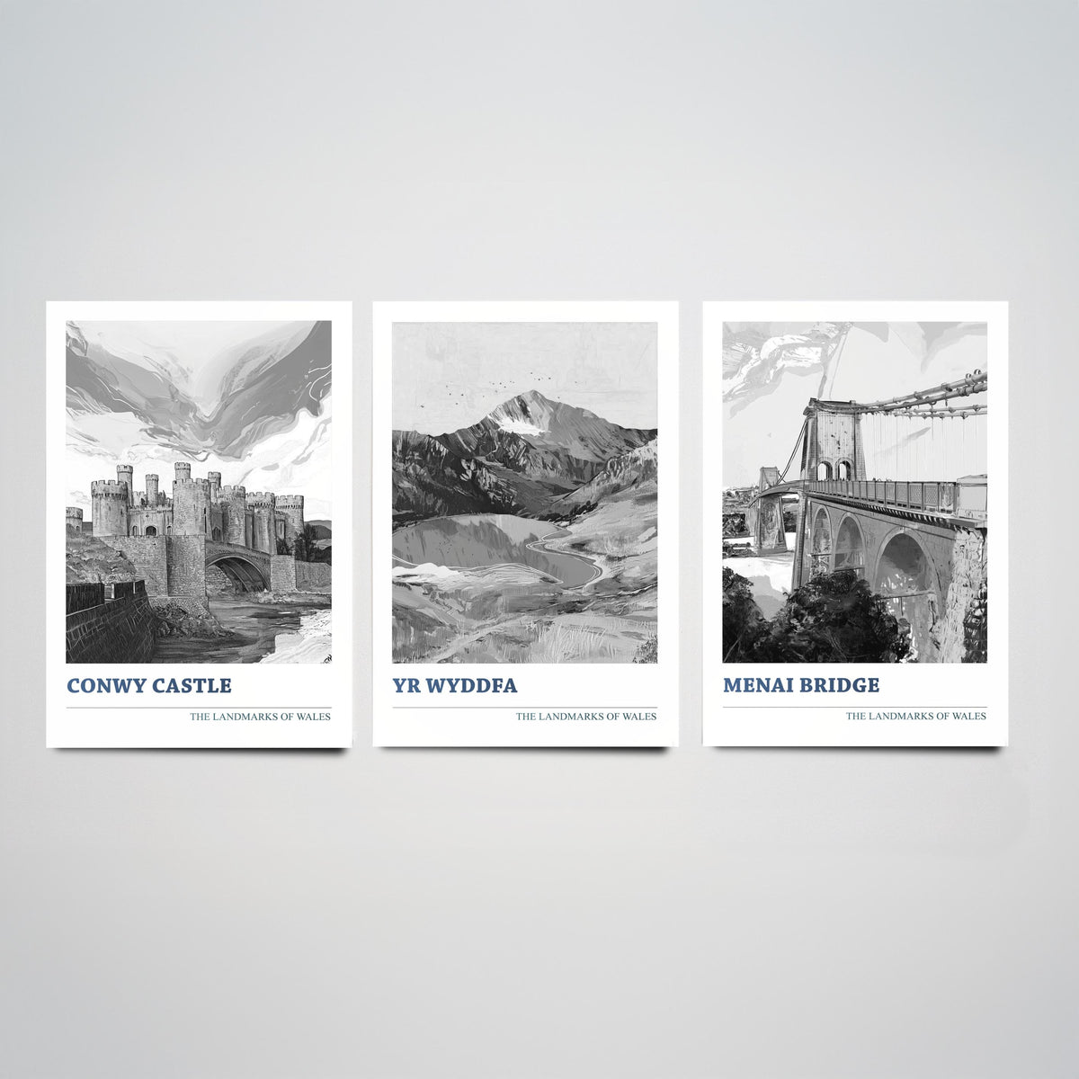 Landmarks of Wales Set of Three Prints - Conwy Castle Yr Wyddfa Menai Bridge - 3 Black and White Posters Welsh Wall Art Gift Illustration