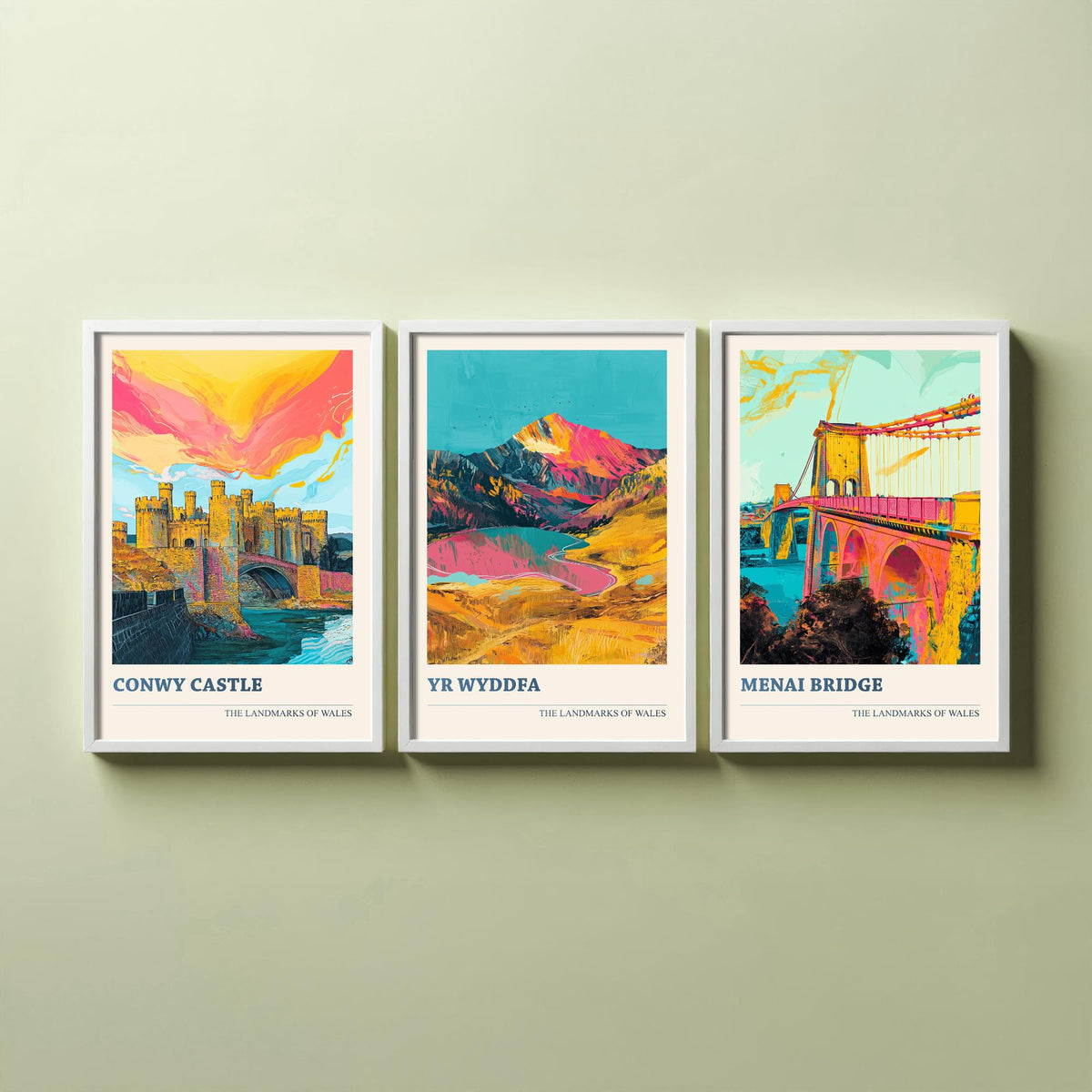 Landmarks of Wales Set of Three Prints - Conwy Castle Yr Wyddfa Menai Bridge - 3 Bright Welsh Posters Wall Art Gift Illustration Snowdon