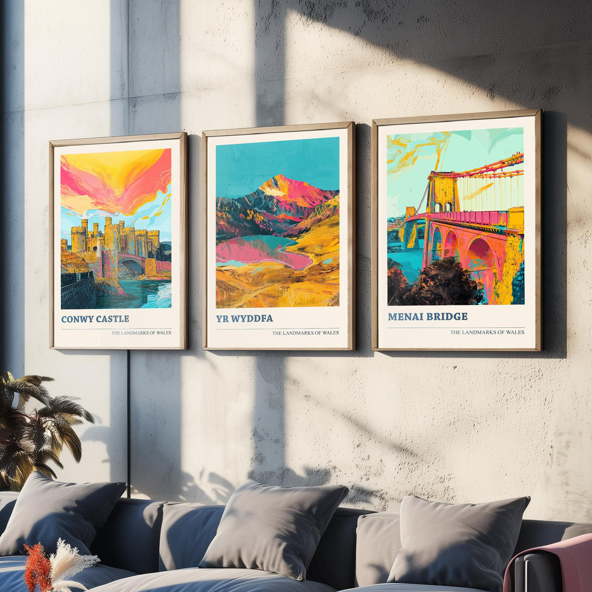 Landmarks of Wales Set of Three Prints - Conwy Castle Yr Wyddfa Menai Bridge - 3 Bright Welsh Posters Wall Art Gift Illustration Snowdon