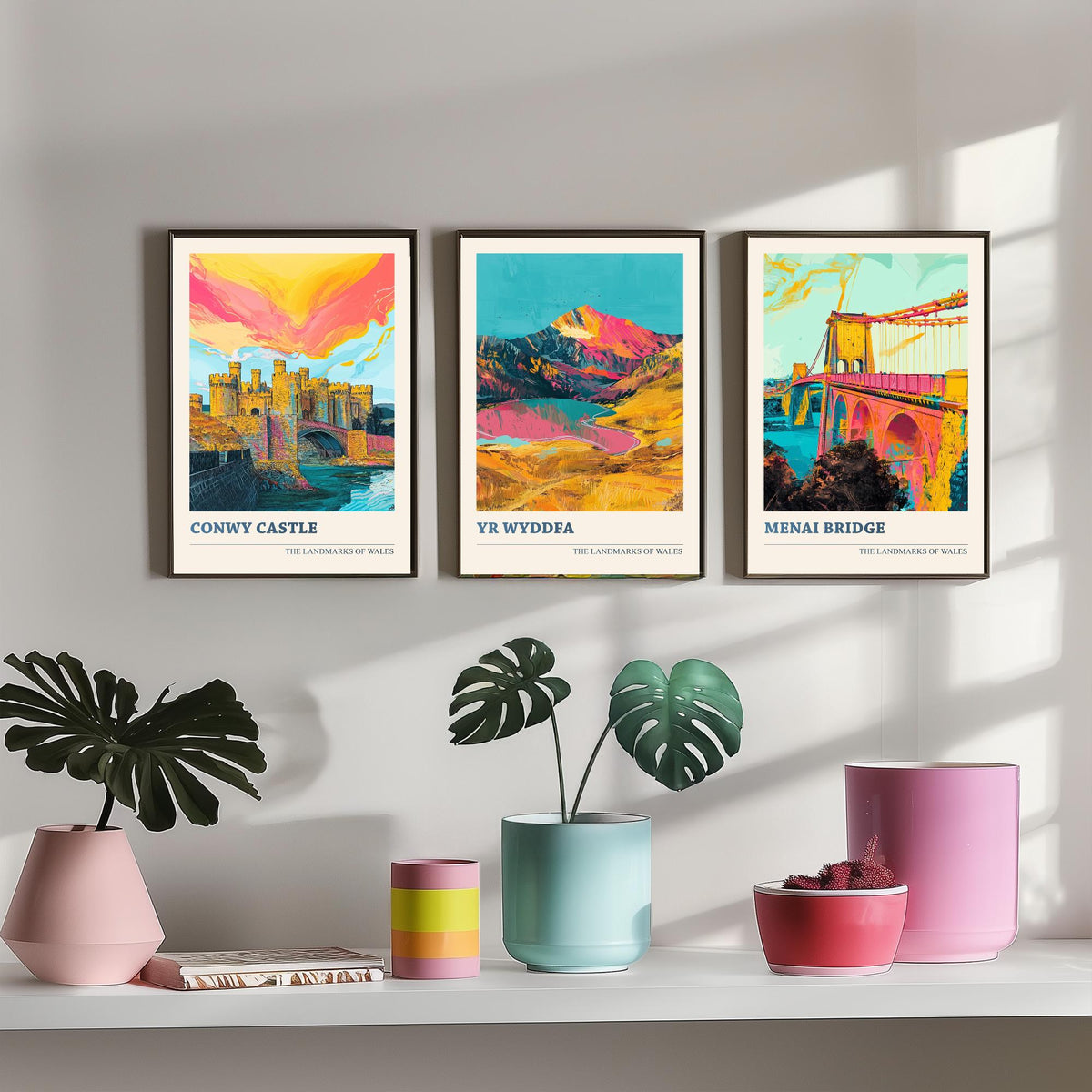 Landmarks of Wales Set of Three Prints - Conwy Castle Yr Wyddfa Menai Bridge - 3 Bright Welsh Posters Wall Art Gift Illustration Snowdon