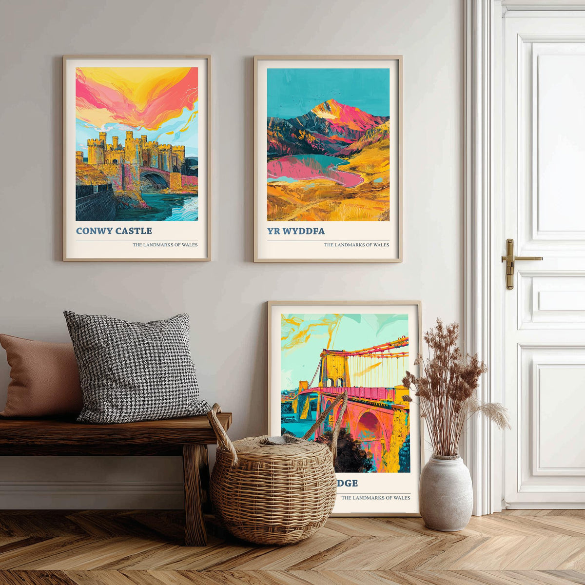 Landmarks of Wales Set of Three Prints - Conwy Castle Yr Wyddfa Menai Bridge - 3 Bright Welsh Posters Wall Art Gift Illustration Snowdon