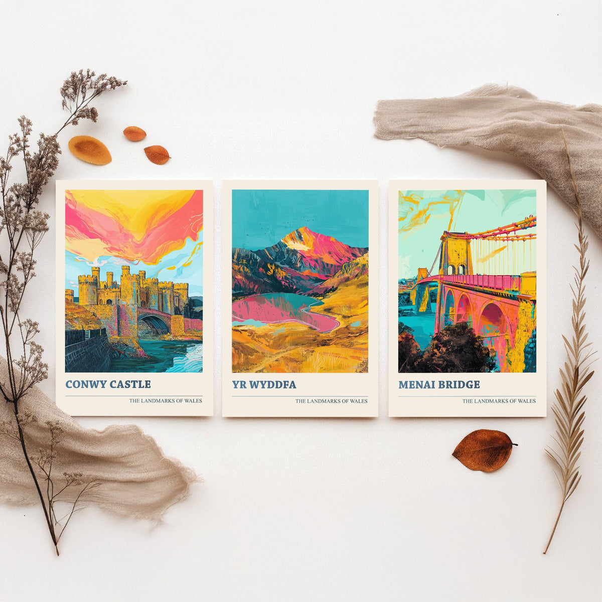 Landmarks of Wales Set of Three Prints - Conwy Castle Yr Wyddfa Menai Bridge - 3 Bright Welsh Posters Wall Art Gift Illustration Snowdon