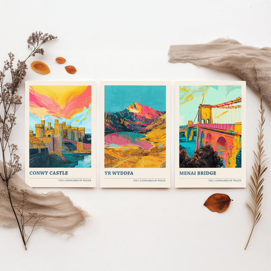 Landmarks of Wales Set of Three Prints - Conwy Castle Yr Wyddfa Menai Bridge - 3 Bright Welsh Posters Wall Art Gift Illustration Snowdon