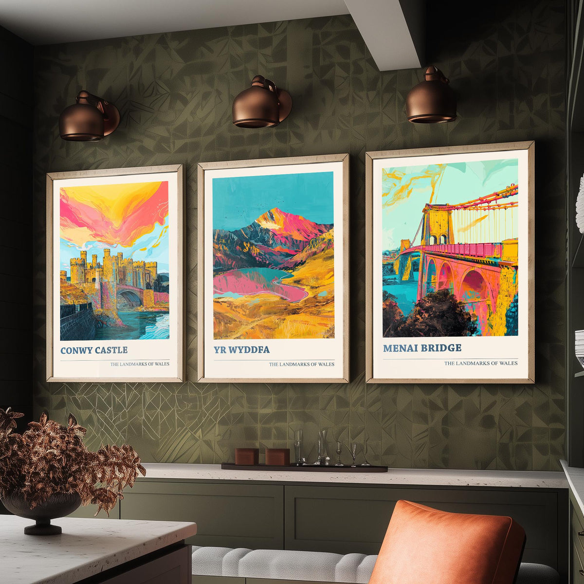 Landmarks of Wales Set of Three Prints - Conwy Castle Yr Wyddfa Menai Bridge - 3 Bright Welsh Posters Wall Art Gift Illustration Snowdon