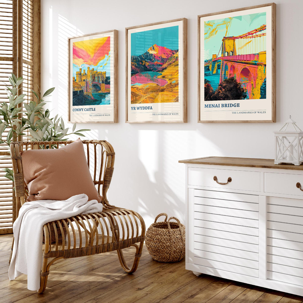 Landmarks of Wales Set of Three Prints - Conwy Castle Yr Wyddfa Menai Bridge - 3 Bright Welsh Posters Wall Art Gift Illustration Snowdon