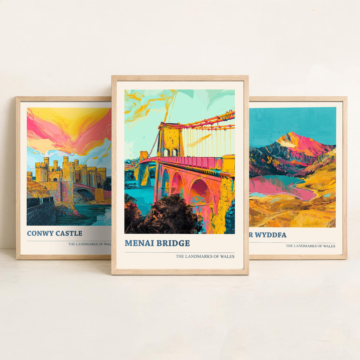 Landmarks of Wales Set of Three Prints - Conwy Castle Yr Wyddfa Menai Bridge - 3 Bright Welsh Posters Wall Art Gift Illustration Snowdon