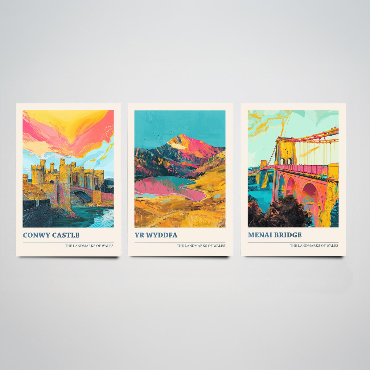 Landmarks of Wales Set of Three Prints - Conwy Castle Yr Wyddfa Menai Bridge - 3 Bright Welsh Posters Wall Art Gift Illustration Snowdon