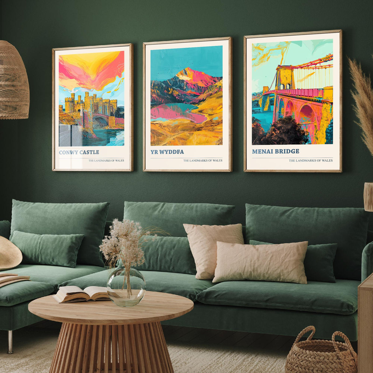 Landmarks of Wales Set of Three Prints - Conwy Castle Yr Wyddfa Menai Bridge - 3 Bright Welsh Posters Wall Art Gift Illustration Snowdon