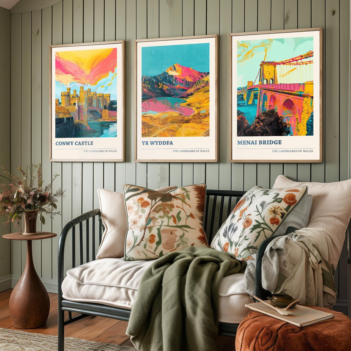 Landmarks of Wales Set of Three Prints - Conwy Castle Yr Wyddfa Menai Bridge - 3 Bright Welsh Posters Wall Art Gift Illustration Snowdon