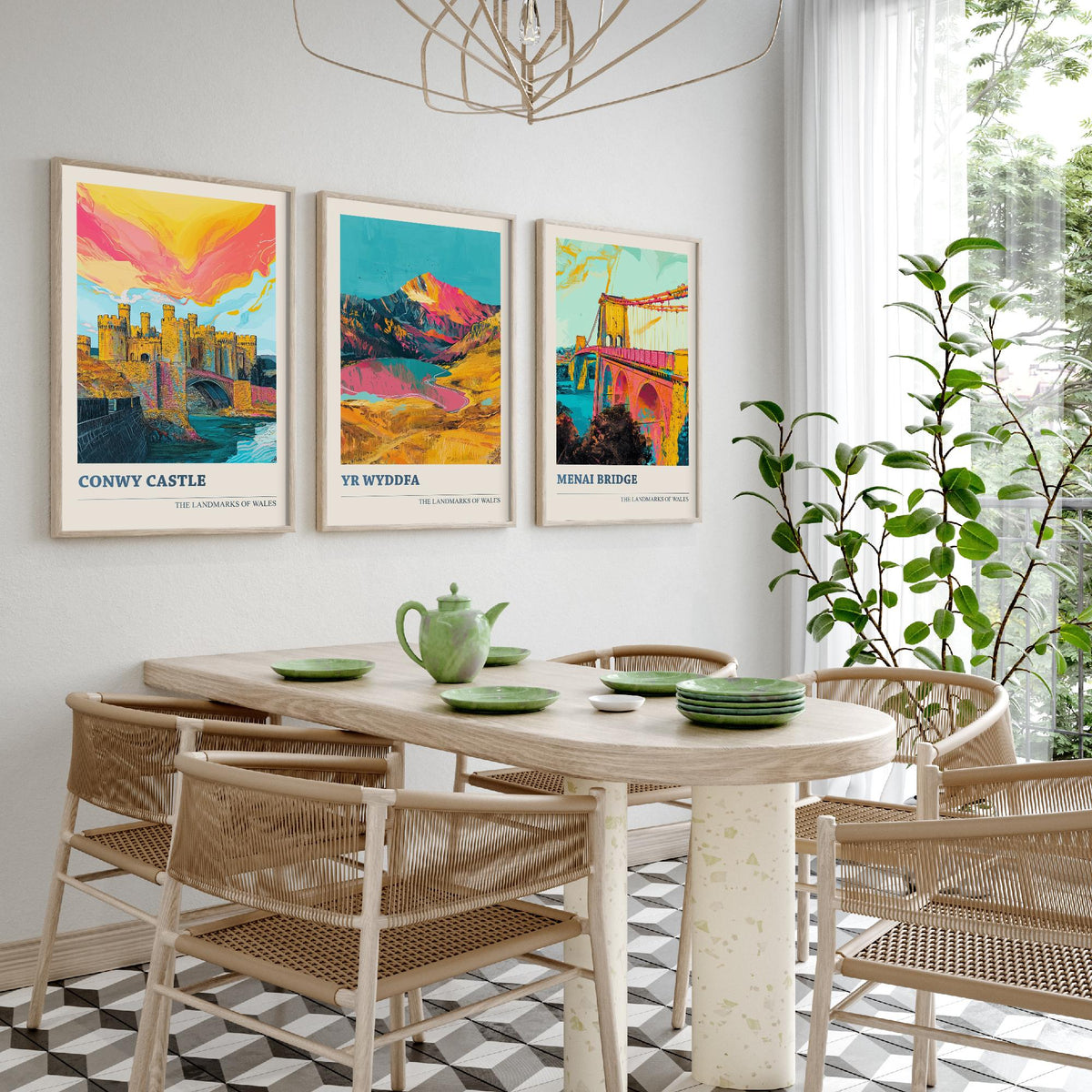 Landmarks of Wales Set of Three Prints - Conwy Castle Yr Wyddfa Menai Bridge - 3 Bright Welsh Posters Wall Art Gift Illustration Snowdon