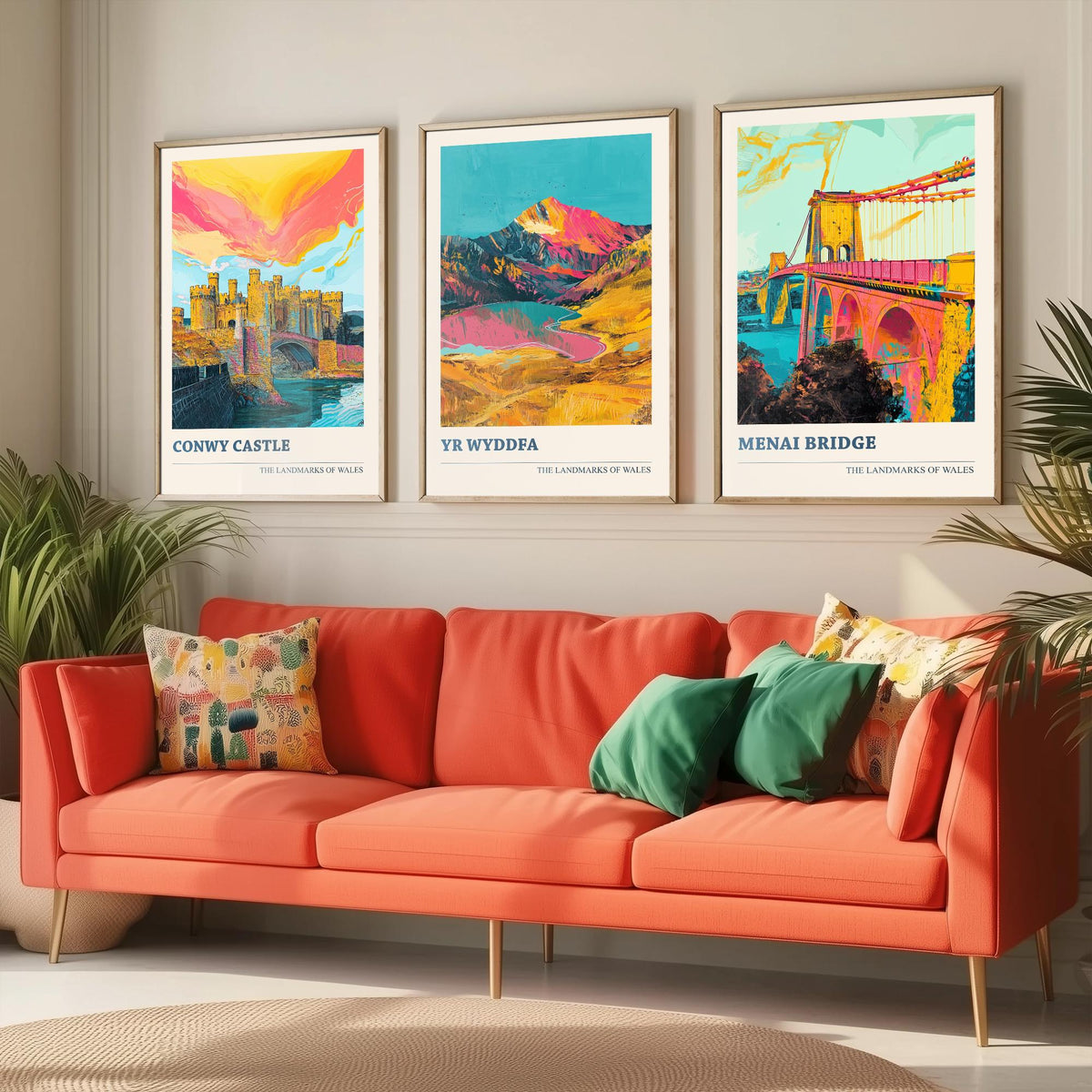 Landmarks of Wales Set of Three Prints - Conwy Castle Yr Wyddfa Menai Bridge - 3 Bright Welsh Posters Wall Art Gift Illustration Snowdon
