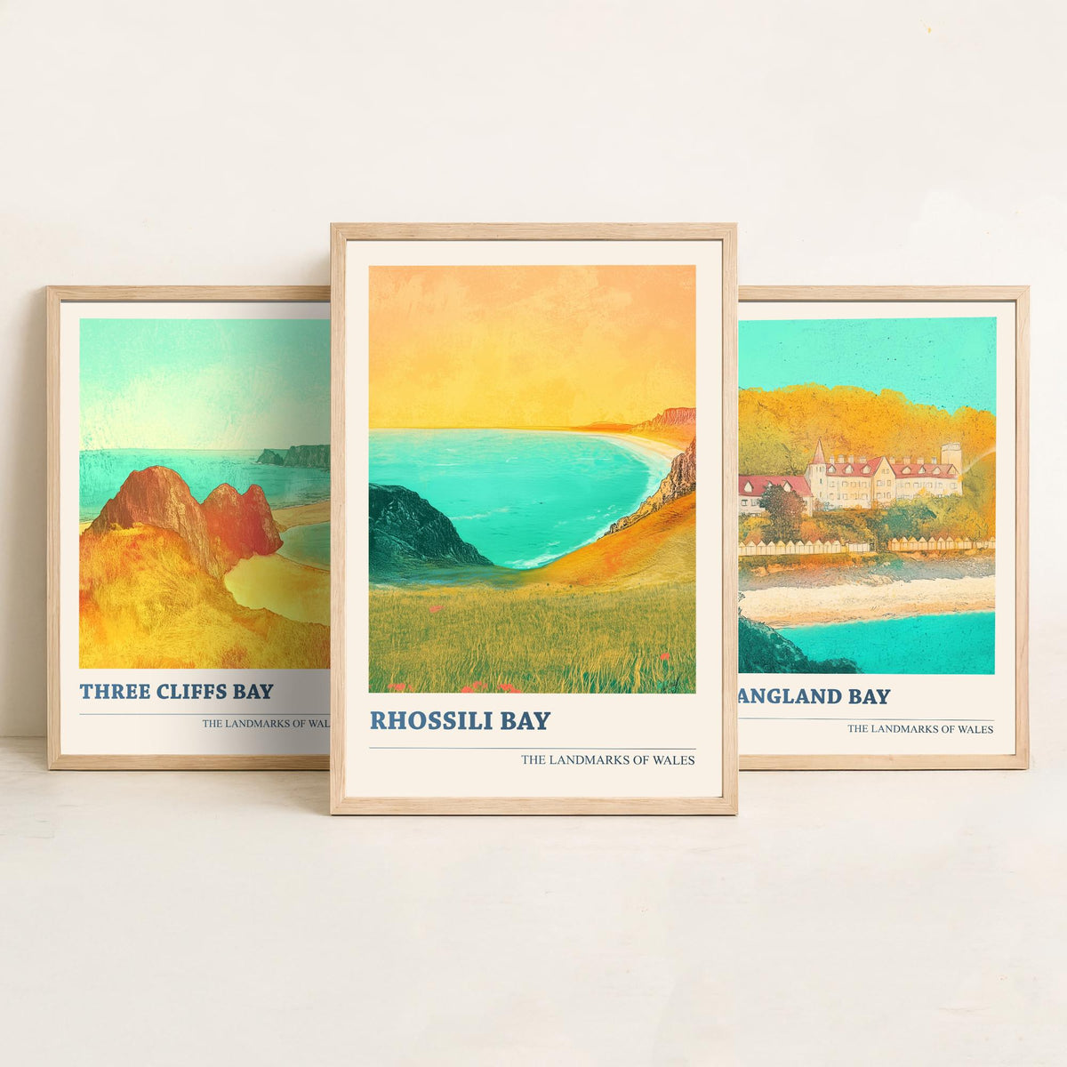 Gower Peninsula Wales Set of Three Prints | Three Cliffs Bay Langland Bay Rhossili Bay | Golden Coastal Illustration Wall Art Poster