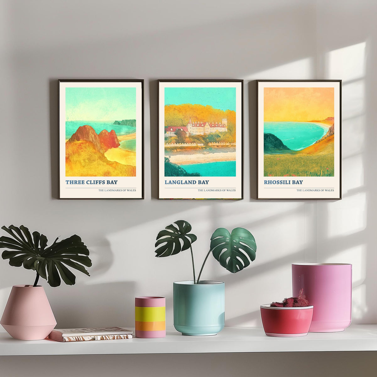 Gower Peninsula Wales Set of Three Prints | Three Cliffs Bay Langland Bay Rhossili Bay | Golden Coastal Illustration Wall Art Poster