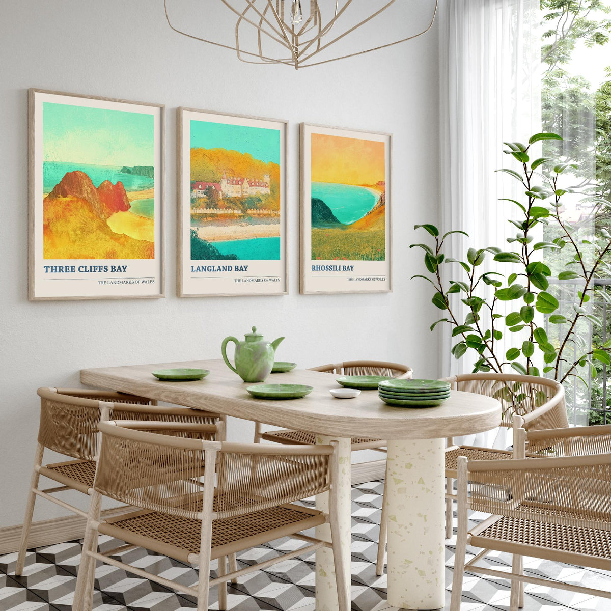 Gower Peninsula Wales Set of Three Prints | Three Cliffs Bay Langland Bay Rhossili Bay | Golden Coastal Illustration Wall Art Poster