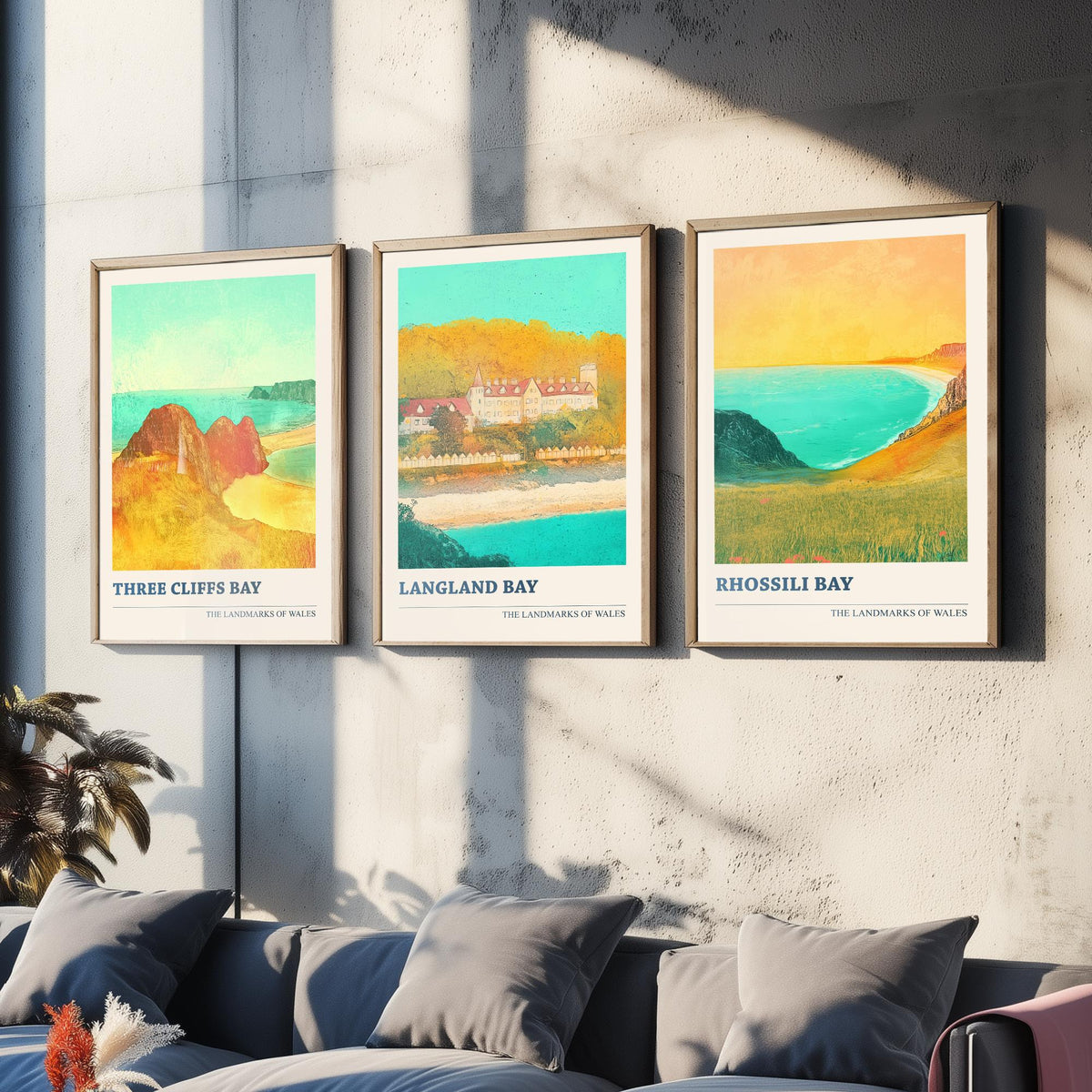 Gower Peninsula Wales Set of Three Prints | Three Cliffs Bay Langland Bay Rhossili Bay | Golden Coastal Illustration Wall Art Poster