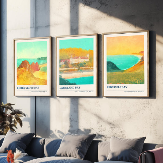 Gower Peninsula Wales Set of Three Prints | Three Cliffs Bay Langland Bay Rhossili Bay | Golden Coastal Illustration Wall Art Poster