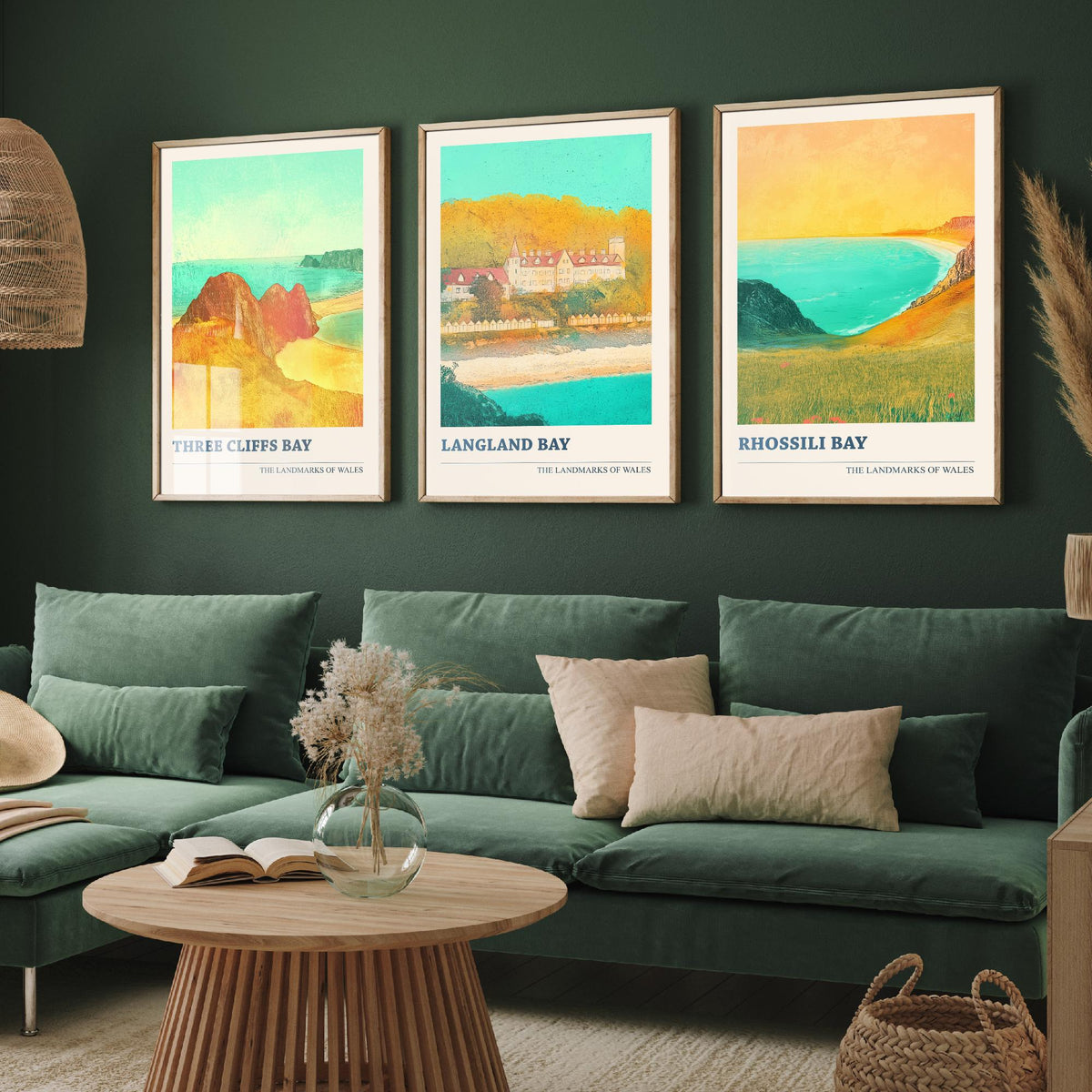 Gower Peninsula Wales Set of Three Prints | Three Cliffs Bay Langland Bay Rhossili Bay | Golden Coastal Illustration Wall Art Poster