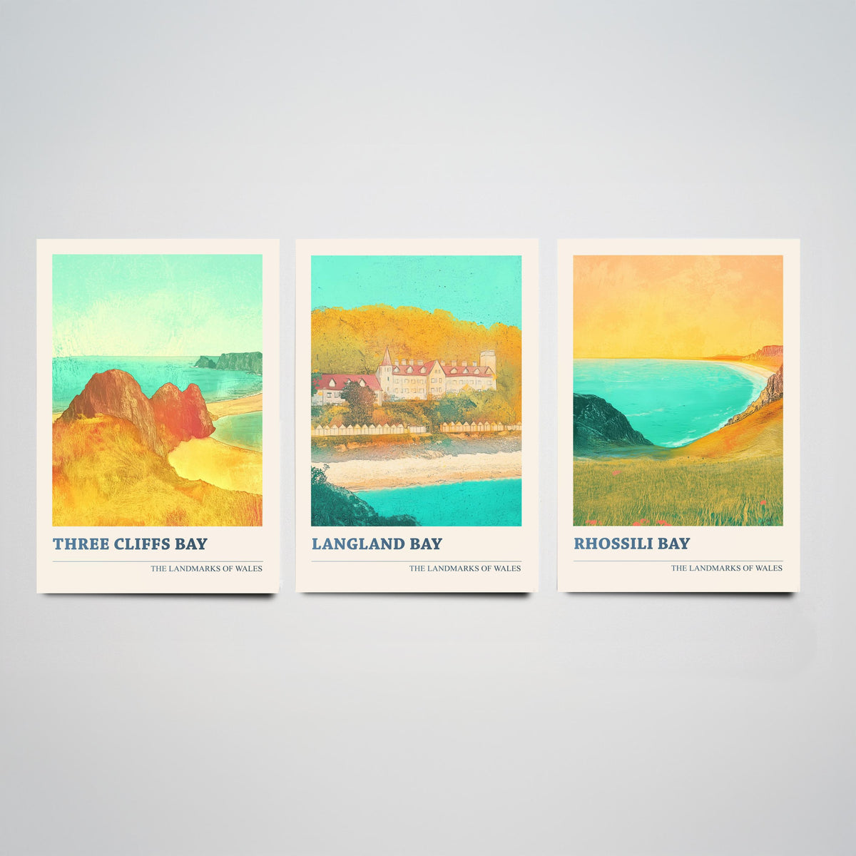 Gower Peninsula Wales Set of Three Prints | Three Cliffs Bay Langland Bay Rhossili Bay | Golden Coastal Illustration Wall Art Poster