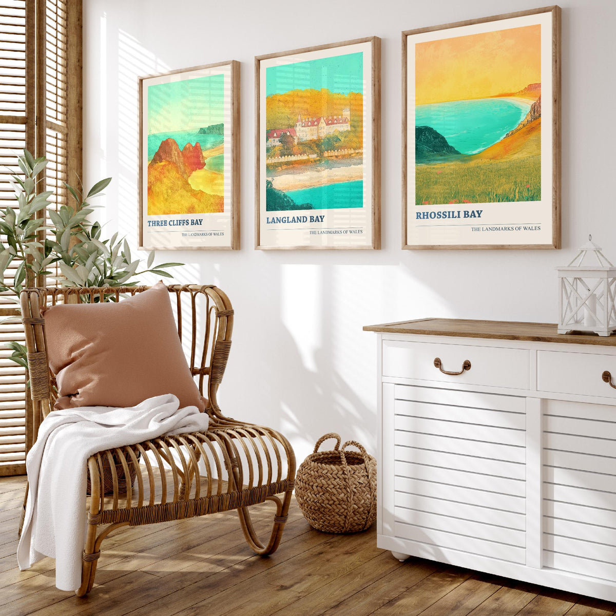 Gower Peninsula Wales Set of Three Prints | Three Cliffs Bay Langland Bay Rhossili Bay | Golden Coastal Illustration Wall Art Poster
