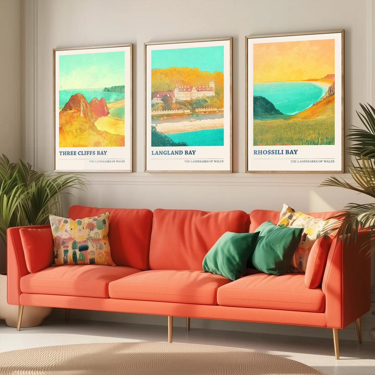 Gower Peninsula Wales Set of Three Prints | Three Cliffs Bay Langland Bay Rhossili Bay | Golden Coastal Illustration Wall Art Poster