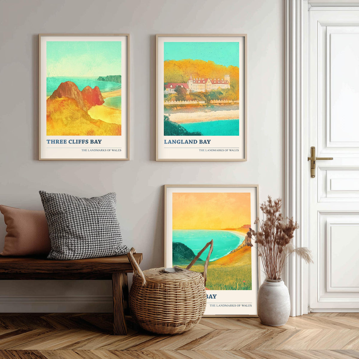 Gower Peninsula Wales Set of Three Prints | Three Cliffs Bay Langland Bay Rhossili Bay | Golden Coastal Illustration Wall Art Poster
