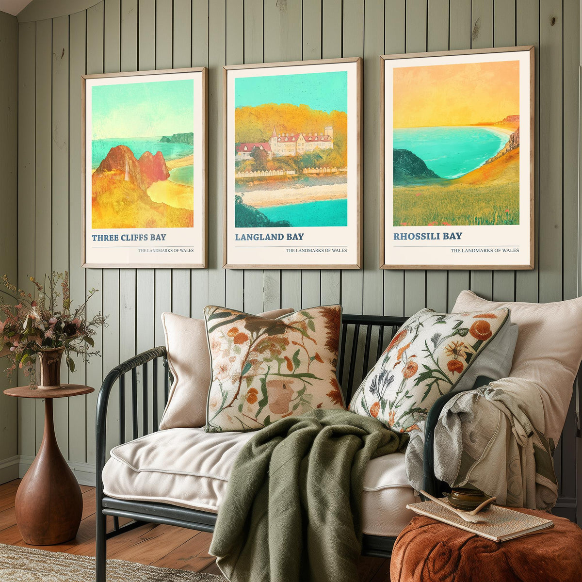 Gower Peninsula Wales Set of Three Prints | Three Cliffs Bay Langland Bay Rhossili Bay | Golden Coastal Illustration Wall Art Poster