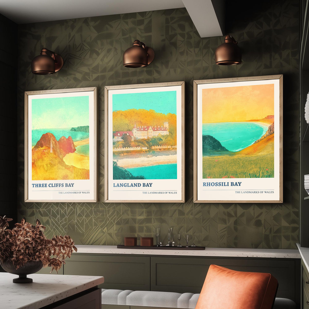 Gower Peninsula Wales Set of Three Prints | Three Cliffs Bay Langland Bay Rhossili Bay | Golden Coastal Illustration Wall Art Poster