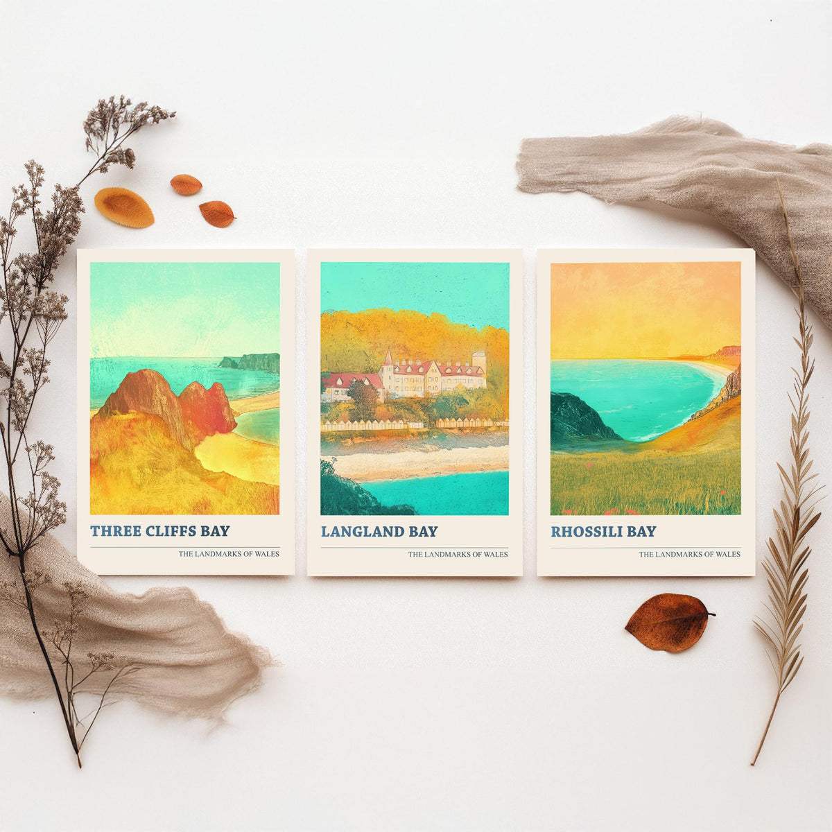Gower Peninsula Wales Set of Three Prints | Three Cliffs Bay Langland Bay Rhossili Bay | Golden Coastal Illustration Wall Art Poster