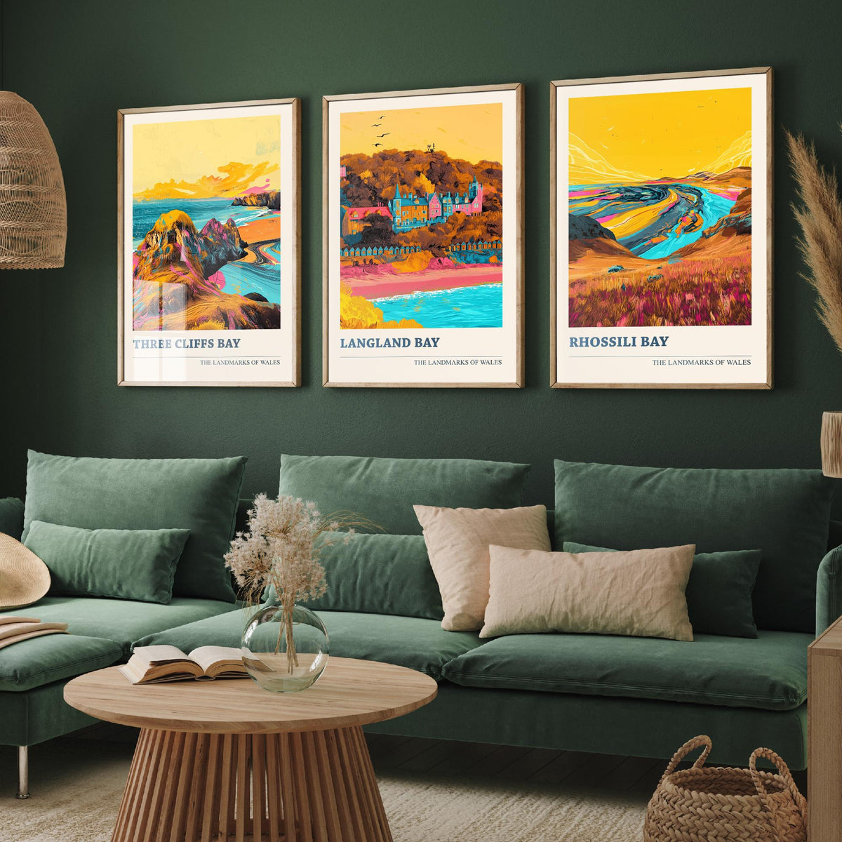 Set of Three Gower Wales Travel Posters - Three Cliffs Bay, Langland Bay, Rhossili Bay - 3 Vibrant Coastal Art Prints Illustration Gift