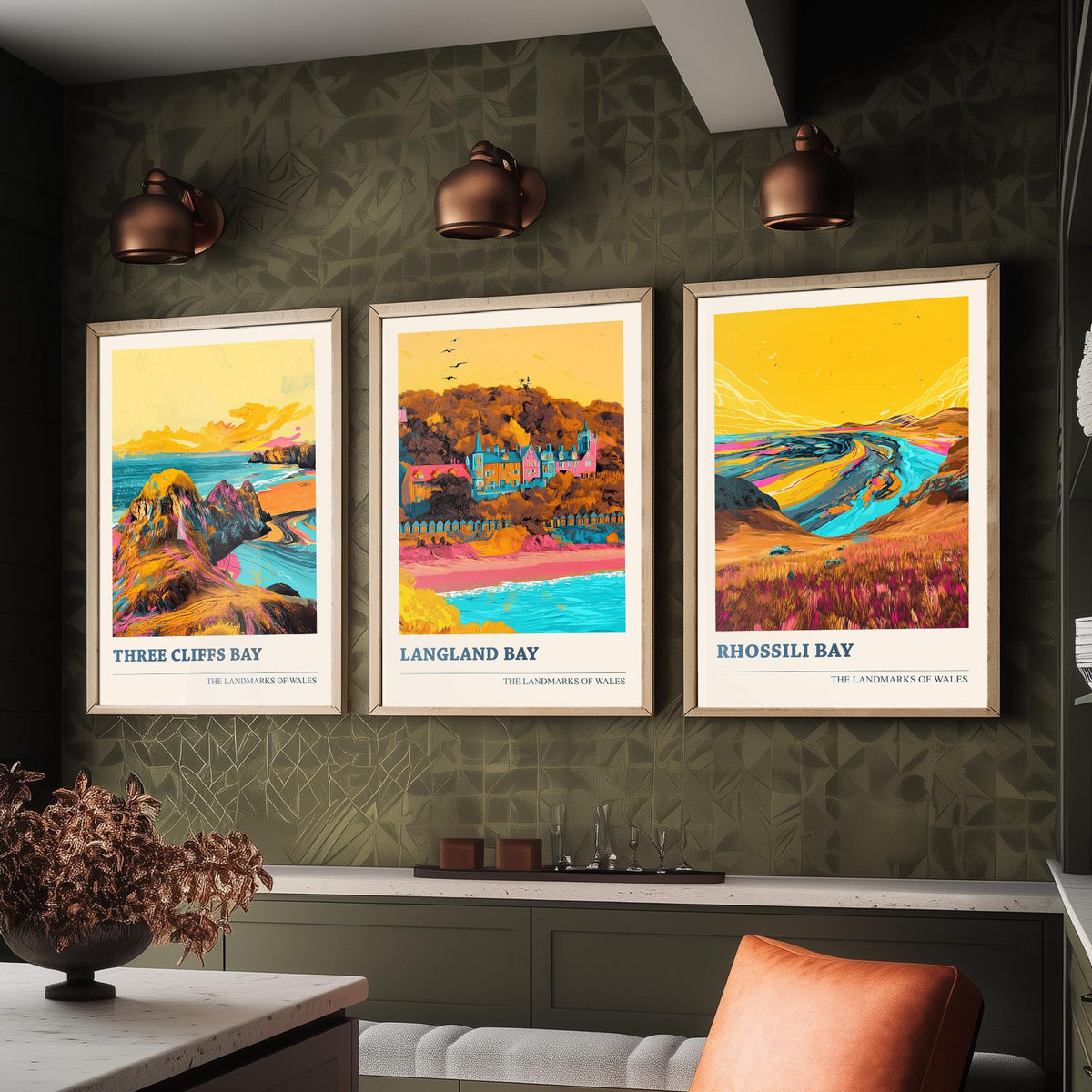 Set of Three Gower Wales Travel Posters - Three Cliffs Bay, Langland Bay, Rhossili Bay - 3 Vibrant Coastal Art Prints Illustration Gift