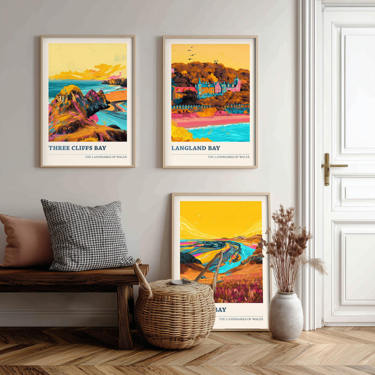 Set of Three Gower Wales Travel Posters - Three Cliffs Bay, Langland Bay, Rhossili Bay - 3 Vibrant Coastal Art Prints Illustration Gift