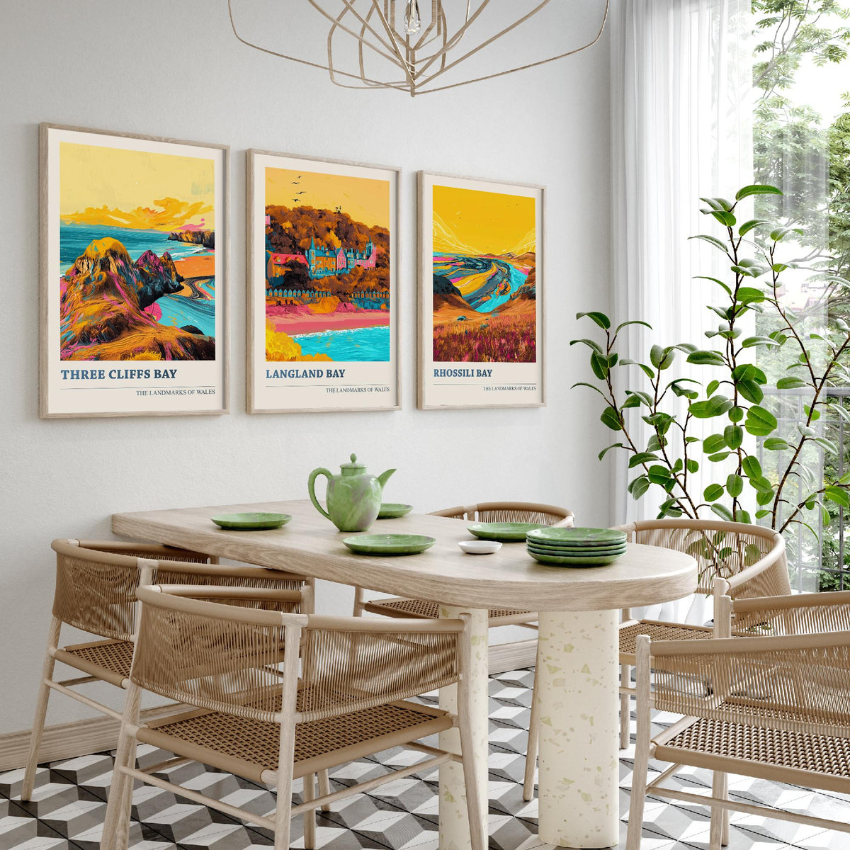 Set of Three Gower Wales Travel Posters - Three Cliffs Bay, Langland Bay, Rhossili Bay - 3 Vibrant Coastal Art Prints Illustration Gift