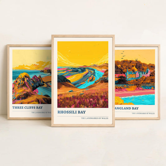 Set of Three Gower Wales Travel Posters - Three Cliffs Bay, Langland Bay, Rhossili Bay - 3 Vibrant Coastal Art Prints Illustration Gift