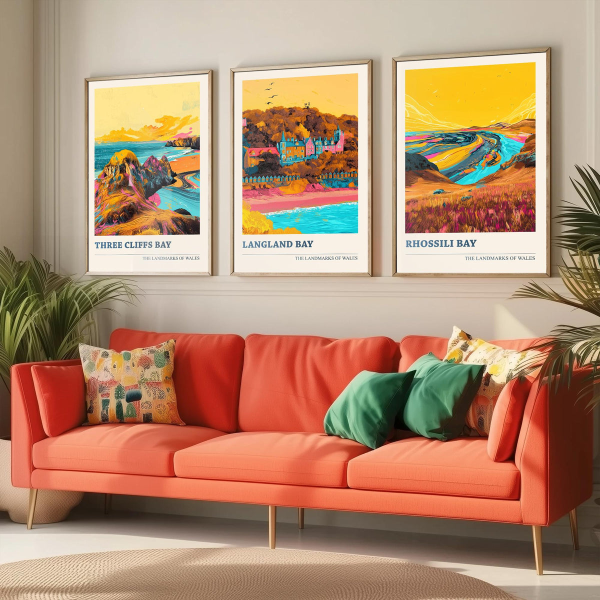 Set of Three Gower Wales Travel Posters - Three Cliffs Bay, Langland Bay, Rhossili Bay - 3 Vibrant Coastal Art Prints Illustration Gift
