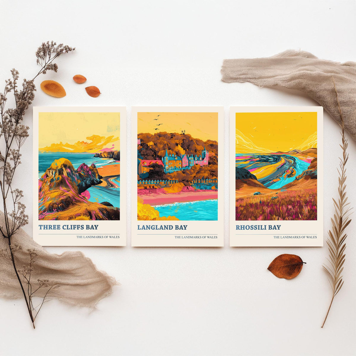Set of Three Gower Wales Travel Posters - Three Cliffs Bay, Langland Bay, Rhossili Bay - 3 Vibrant Coastal Art Prints Illustration Gift