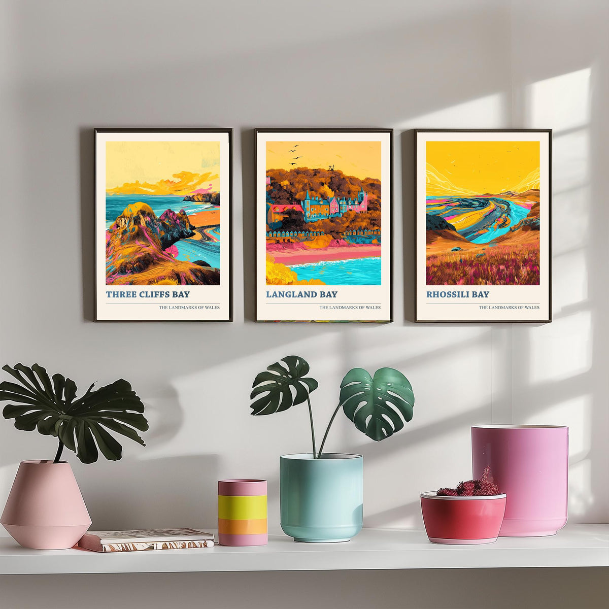 Set of Three Gower Wales Travel Posters - Three Cliffs Bay, Langland Bay, Rhossili Bay - 3 Vibrant Coastal Art Prints Illustration Gift
