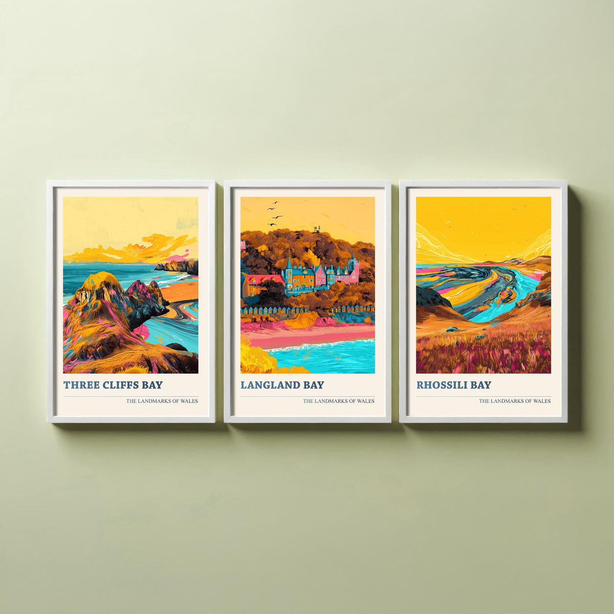 Set of Three Gower Wales Travel Posters - Three Cliffs Bay, Langland Bay, Rhossili Bay - 3 Vibrant Coastal Art Prints Illustration Gift